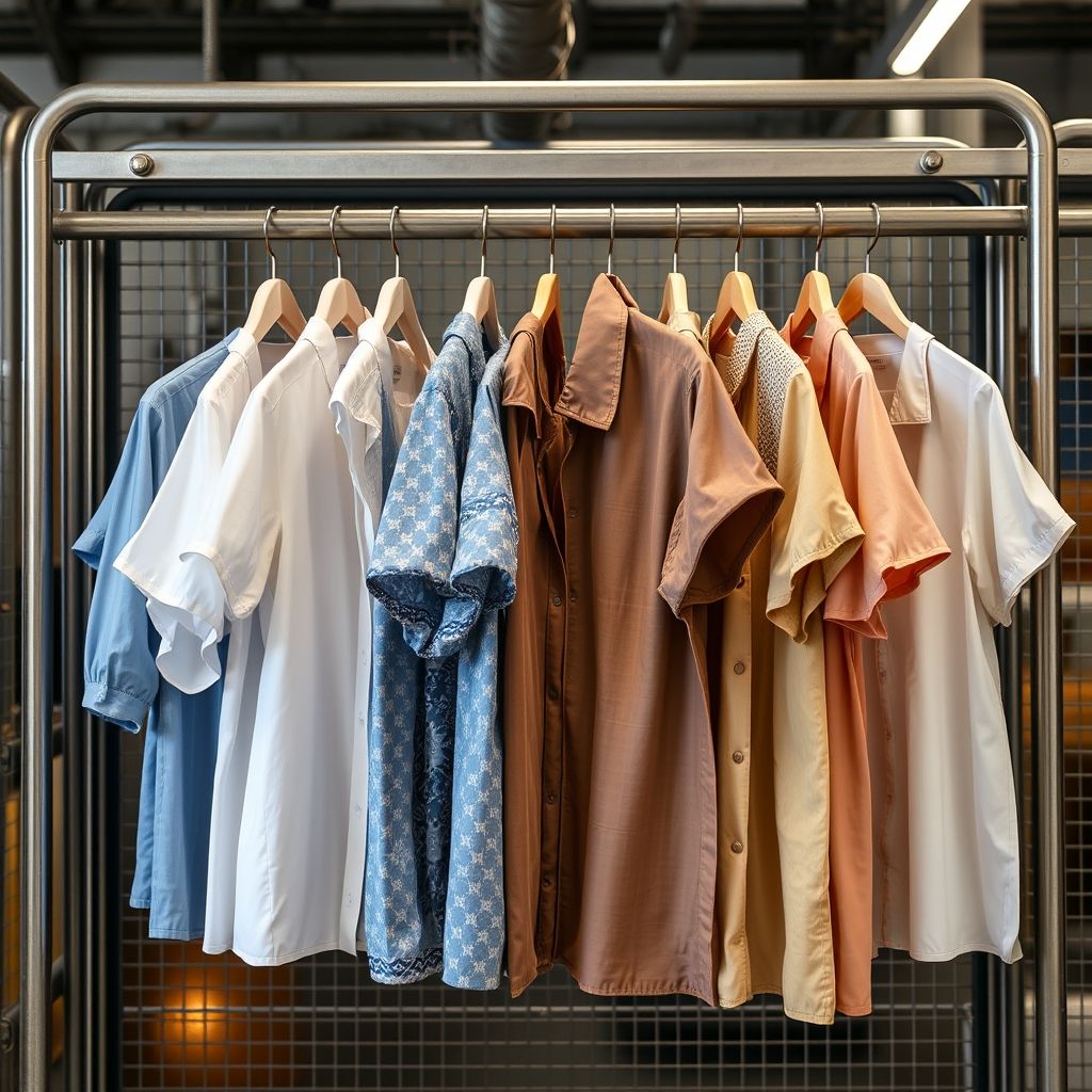 Un présentoir vibrant de chemises soigneusement repassées suspendues sur un portant métallique, présentant une variété de couleurs et de motifs allant des pastels doux aux tons plus profonds comme le bleu et le beige. Chaque chemise arbore un col net, avec une chemise remarquable affichant un col à motif unique qui se démarque des autres. L'arrière-plan révèle un cadre industriel légèrement flou, suggérant un atelier de confection, où la lumière douce accentue la fraîcheur des vêtements. La composition ordonnée évoque une sensation d'harmonie et de propreté, reflétant un professionnalisme prêt à servir. Cette présentation souligne le soin apporté à chaque pièce.