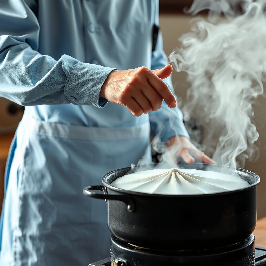 Une main tient fermement la poignée d'un fer à repasser traditionnel à vapeur, pressant avec soin une chemise à carreaux bleue impeccablement étalée. Le tissu lisse scintille sous la vapeur tandis que l'arrière-plan reflète un environnement de confection actif, avec un éclairage doux mettant en valeur ce moment de soin méticuleux. La personne effectuant cette tâche porte une tenue bleu clair, suggérant un cadre professionnel, témoignant d'une attention rigoureuse aux détails. La scène dégage une atmosphère calme mais déterminée, illustrant l'art de sublimer les vêtements par un repassage parfait.