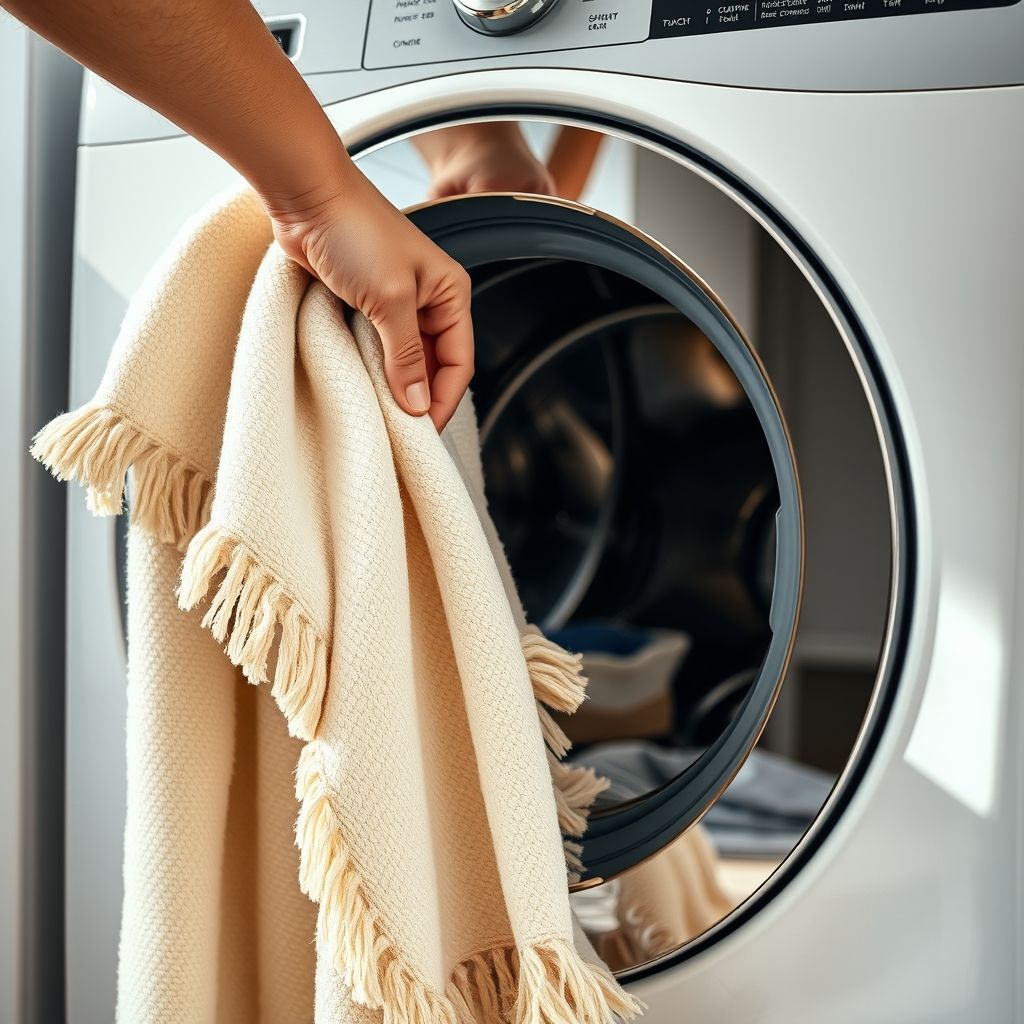 Une main saisit délicatement une couverture douce et texturée ornée de franges moelleuses sur le bord, la retirant d'une machine à laver moderne à porte circulaire noire. La couverture crème contraste avec la porte métallique de la machine, reflétant son intérieur. La scène se déroule dans un espace intérieur bien éclairé, évoquant une buanderie propre et organisée, soulignant le confort domestique et le soin apporté au linge. Ce moment illustre la routine satisfaisante du lavage, mêlant fonctionnalité et douceur dans les tâches ménagères.