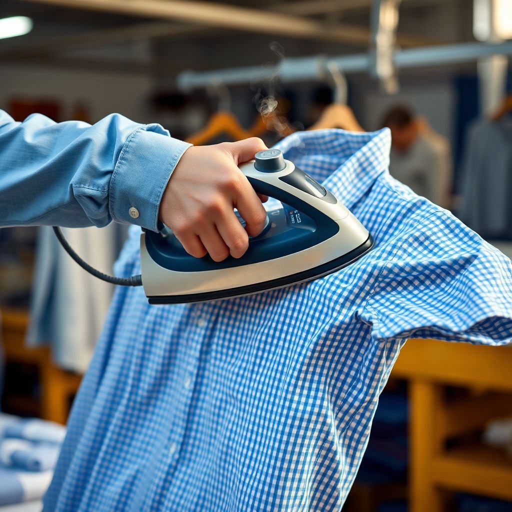 Une main tient fermement la poignée d'un fer à repasser traditionnel à vapeur, pressant avec soin une chemise à carreaux bleue impeccablement étalée. Le tissu lisse scintille sous la vapeur tandis que l'arrière-plan reflète un environnement de confection actif, avec un éclairage doux mettant en valeur ce moment de soin méticuleux. La personne effectuant cette tâche porte une tenue bleu clair, suggérant un cadre professionnel, témoignant d'une attention rigoureuse aux détails. La scène dégage une atmosphère calme mais déterminée, illustrant l'art de sublimer les vêtements par un repassage parfait.